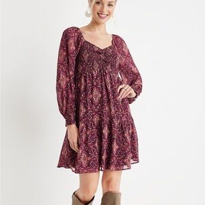 Medallion Smocked V Neck Babydoll Mini Dress Sz M Y2K Empire Waist Coquette Twee